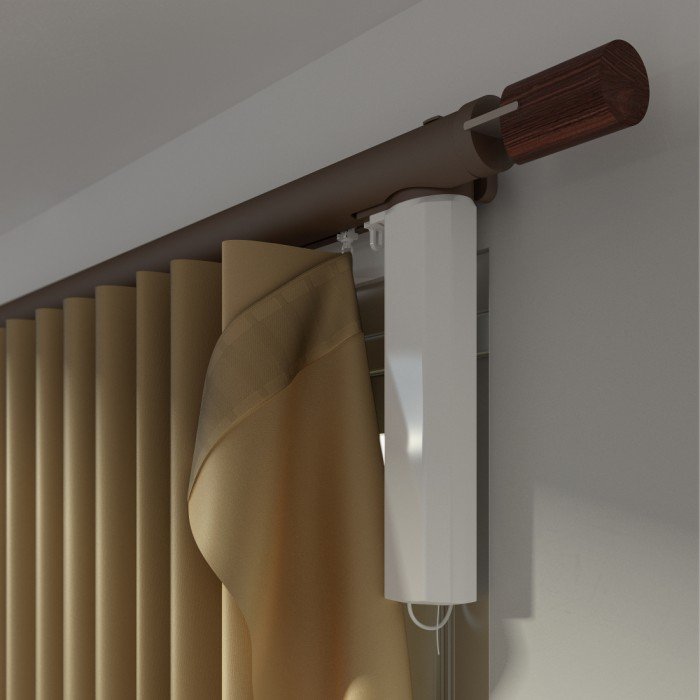 Motorized curtain track installed on ceiling with beige curtains in modern home interior