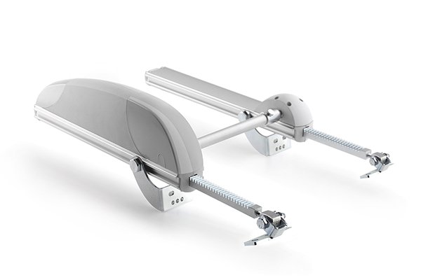 Pair of silver Comunello Airwin electric chain actuators for automated window opening mounted on a white background.