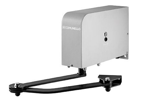 Side view of a Condor 500-S articulated arm motor for automatic swing gates, showcasing the grey protective housing and mechanical arm.