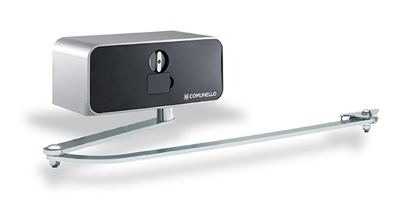 Condor articulated arm swing gate operator mounted on a residential gate.