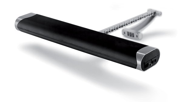 Black Comunello Mowin Liwin electric chain actuator for automated window ventilation on top-hung and bottom-hung frames.