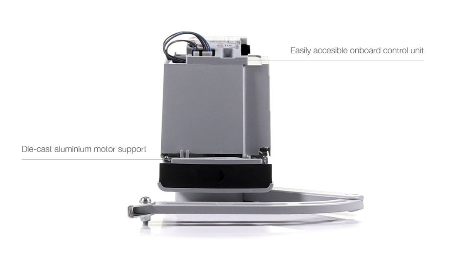 Internal view of a Comunello Condor 220-350 gate motor showing the easily accessible onboard control unit and die-cast aluminum motor support.