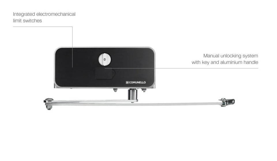 Profile view of a black Comunello Condor 500 articulated arm gate operator showing the long reaching arm and integrated electromechanical limit switches.
