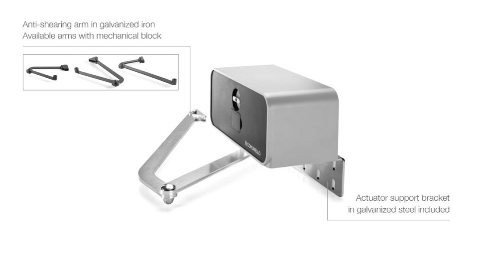 Frontal technical diagram of a Comunello Condor 500 gate motor showing integrated electromechanical limit switches and the manual unlocking handle.