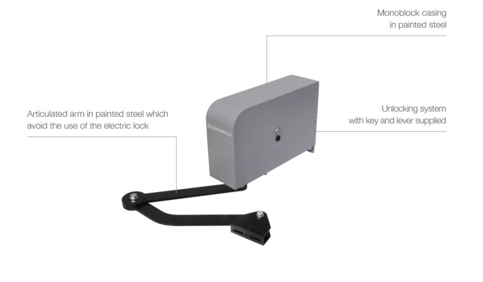 Profile view of a grey Comunello Condor 500-S articulated arm gate motor with a painted steel monoblock casing and unlocking system.