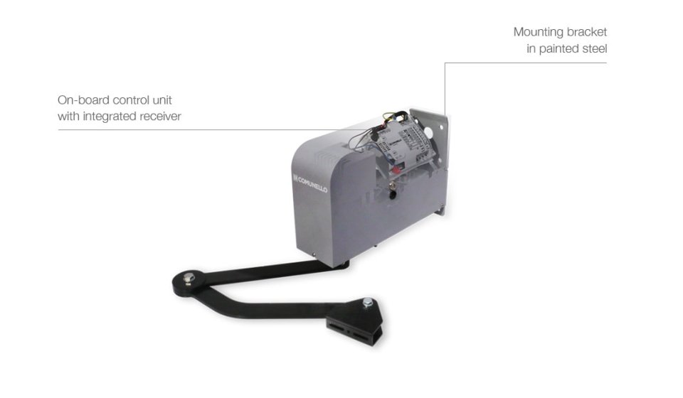 Internal view of the Comunello Condor 500-S articulated arm motor showing the on-board control unit with integrated receiver and the painted steel mounting bracket.