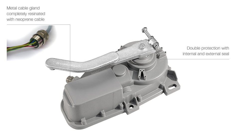 Eagle series underground swing gate motor with mechanical components and mounting assembly visible.
