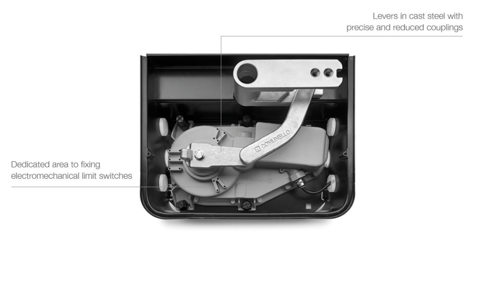 Top-down view of the internal mechanical assembly of a Comunello Eagle underground swing gate motor, showing the motor, gears, and limit switch components.