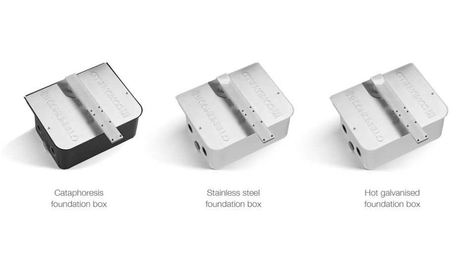 Three different models of Comunello Eagle underground foundation boxes: black cataphoretic coating, hot-dip galvanized, and stainless steel.