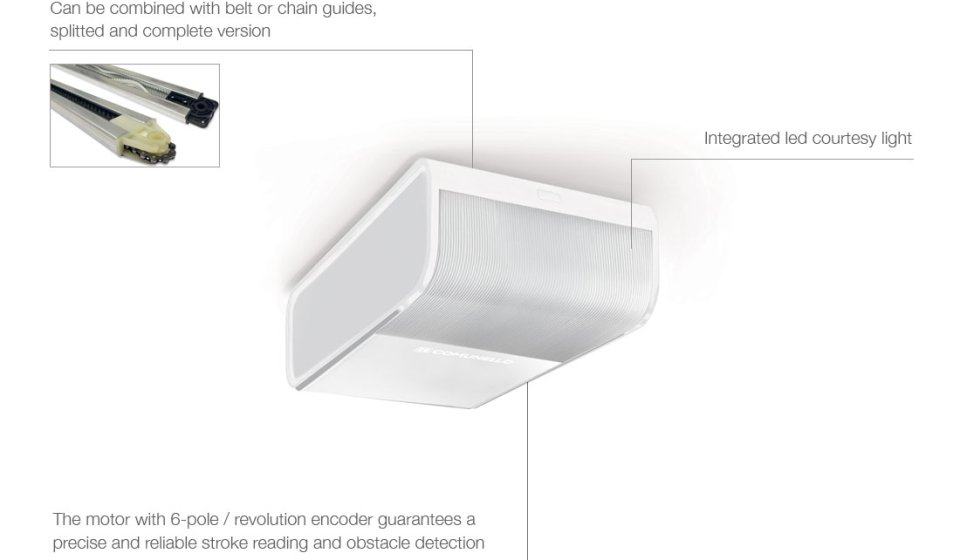 Product diagram of the Meccanica Plus Rampart automated garage door motor with technical callouts and labels on a white background.