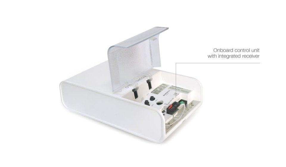 Technical diagram of the Meccanica Plus Rampart automated garage door motor featuring a closed white casing and descriptive text labels.