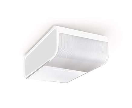 White rectangular garage door operator motor housing unit designed for overhead installation.
