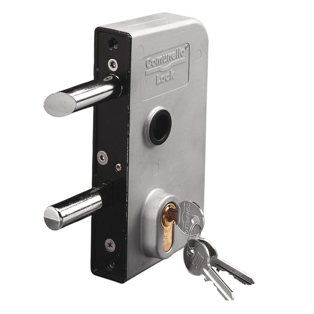 Heavy-duty outdoor gate lock with double cylinder bolts and a key inserted.