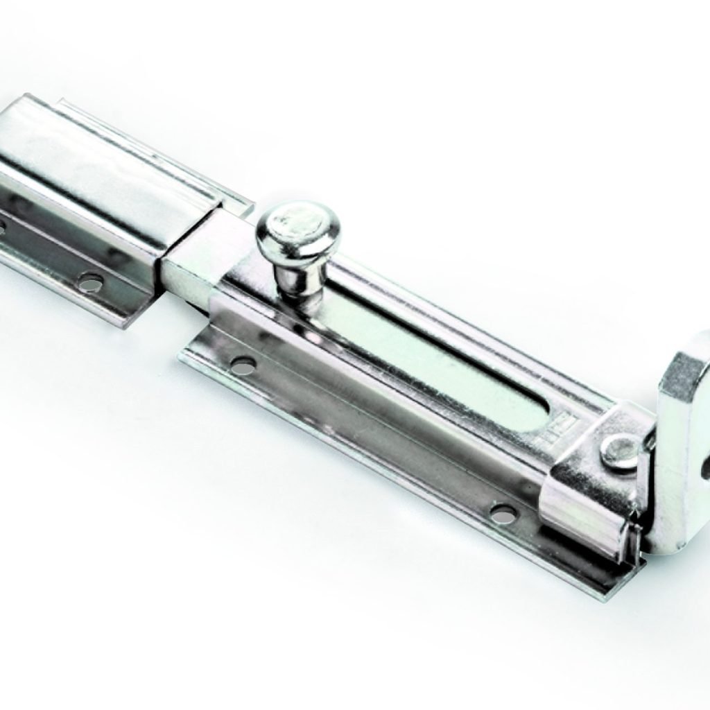 Heavy-duty metal sliding gate stopper with a circular black rubber bumper and integrated floor mounting bracket.