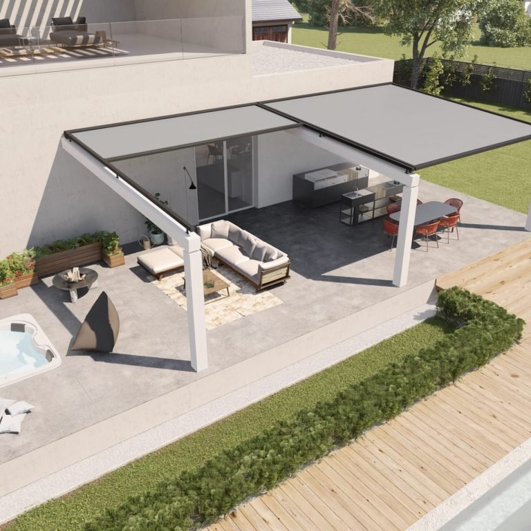 Motorized architectural terrace cover for modern outdoor living spaces
