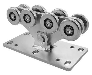 Heavy-duty galvanized steel cantilever gate carriage with 8 rollers for sliding gate systems.