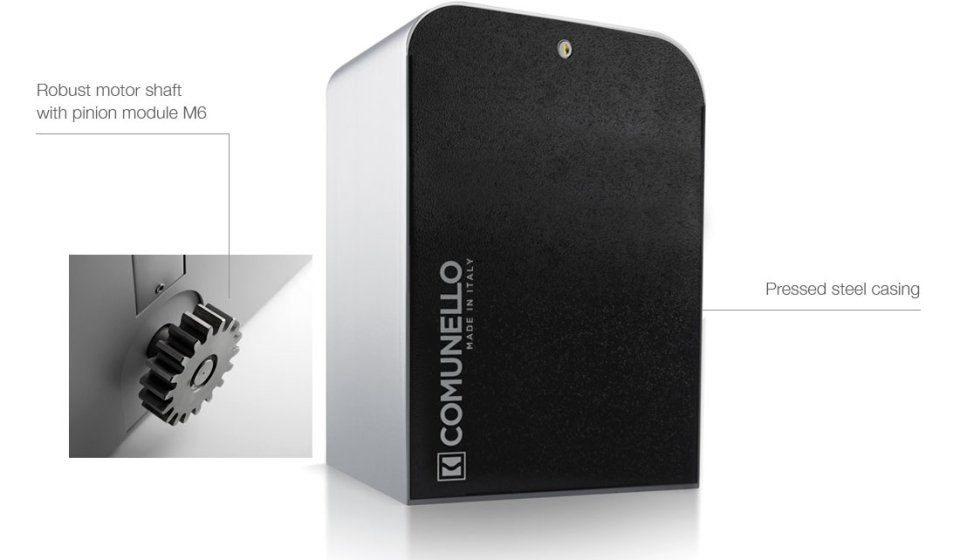 Heavy duty sliding gate operator with pressed steel casing and M6 pinion shaft