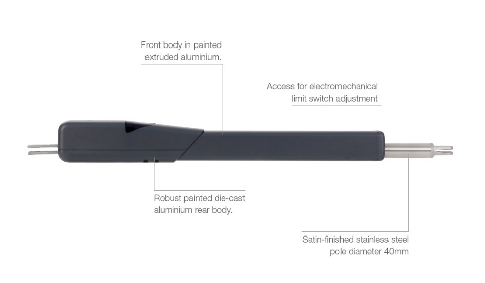HYRON gate motor side view showing compact body and smooth finish