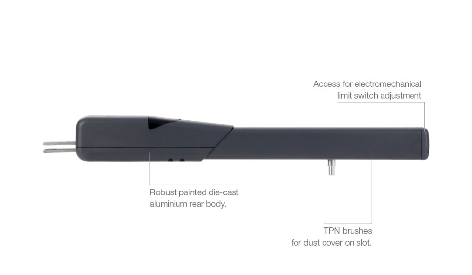 Side view of SKY electromechanical actuator for swing gate automation