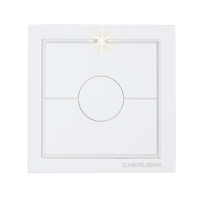 A square, minimalist white wall-mounted automation switch featuring a circular tactile button and a small light indicator.