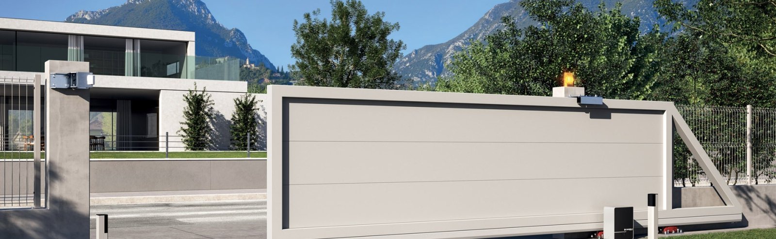 Front view of a white motorized cantilever sliding gate installed at a modern residence, showcasing Go Motion gate automation.