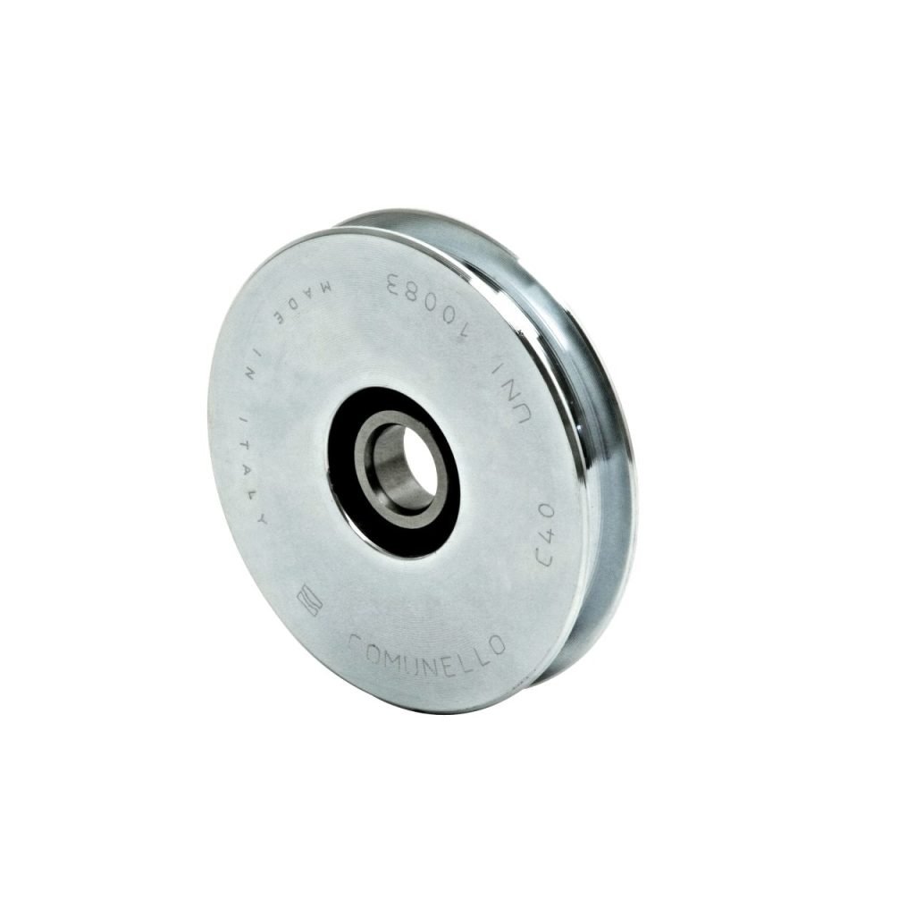 Galvanized steel gate wheel with semi-round groove and internal bearing.