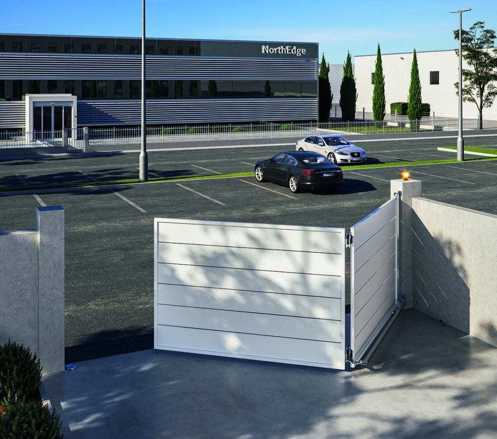 Bi-folding gate leaf mechanism