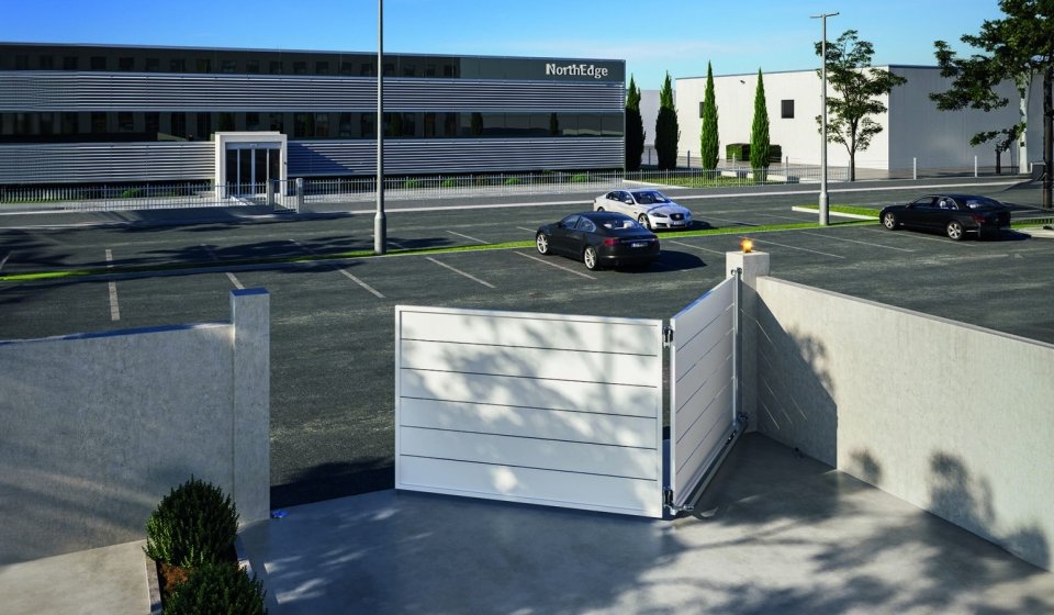 Bi-folding gate leaf mechanism