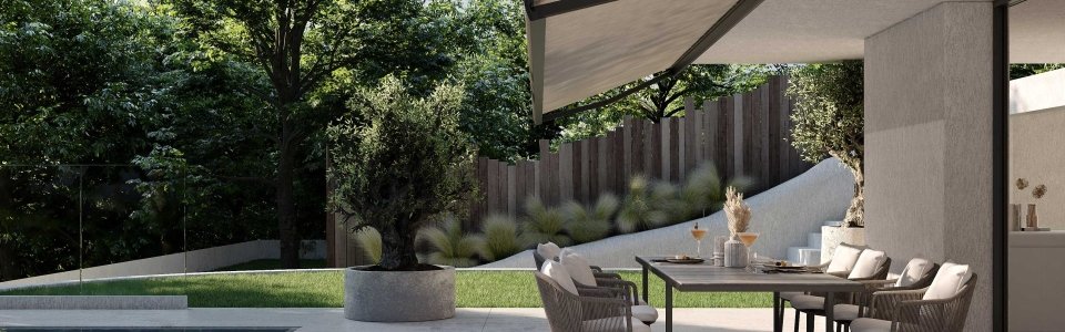 Retractable fabric canopy installed for residential terrace weather protection