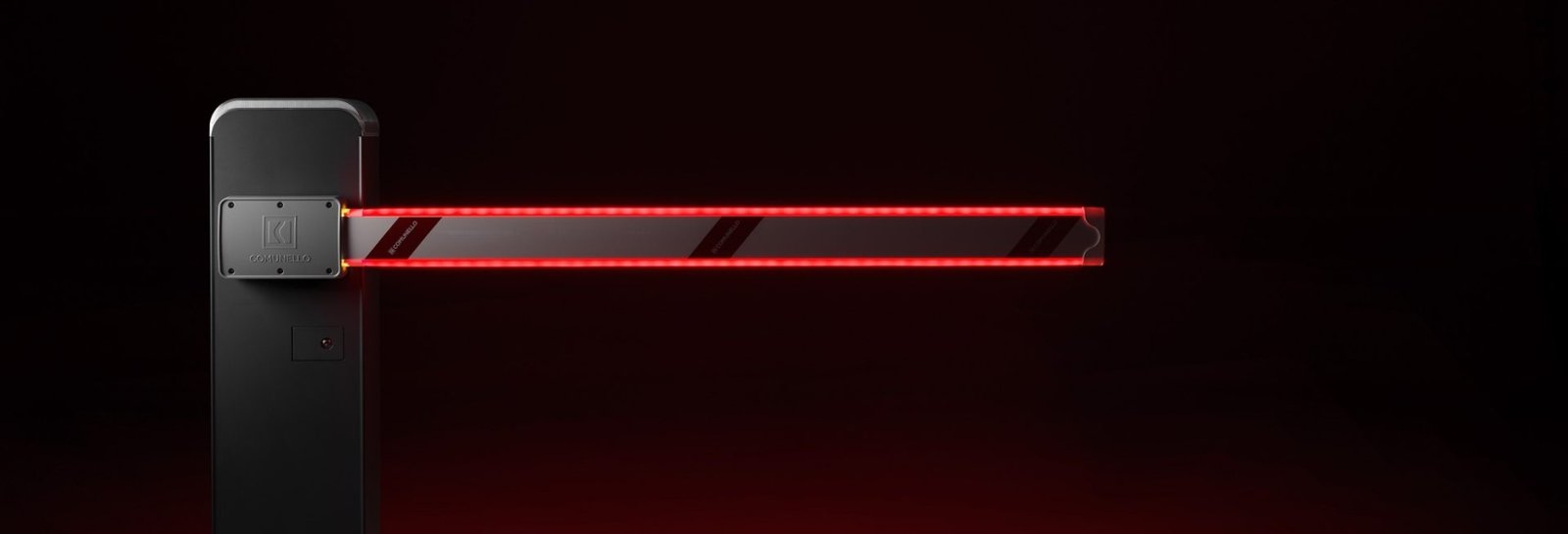 Automatic dark grey boom barriers with LED light strip for high-end security.