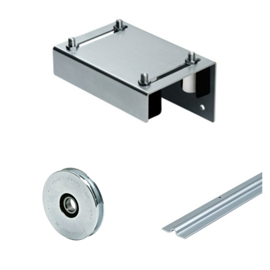 Sliding gate hardware components including guide bracket, wheel and mounting pin