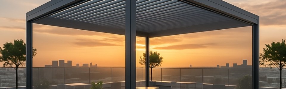 Black aluminum bioclimatic pergola providing adjustable patio shade