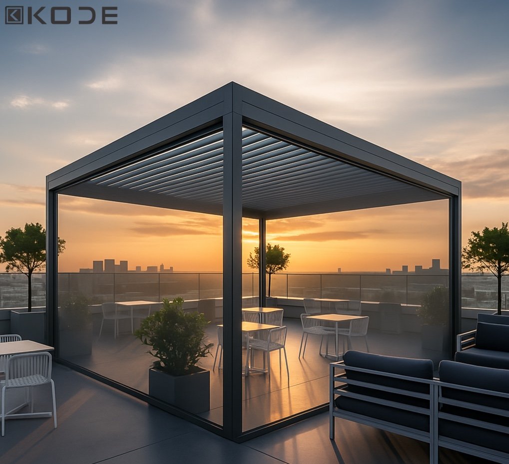Black aluminum bioclimatic pergola providing adjustable patio shade