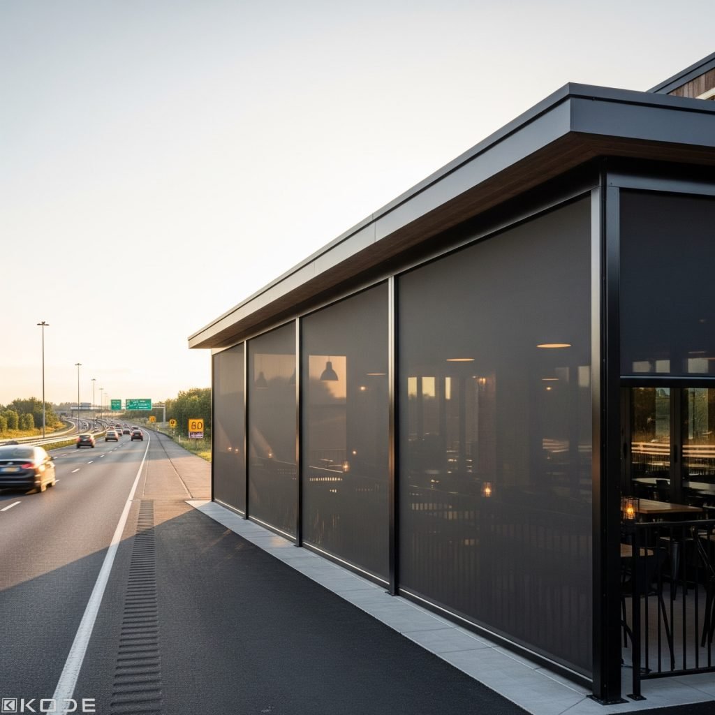 Modern building with automated outdoor blinds for sun shading and energy efficiency