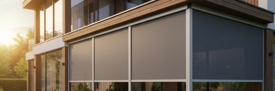 Motorized blinds installed on modern home windows for automated shading