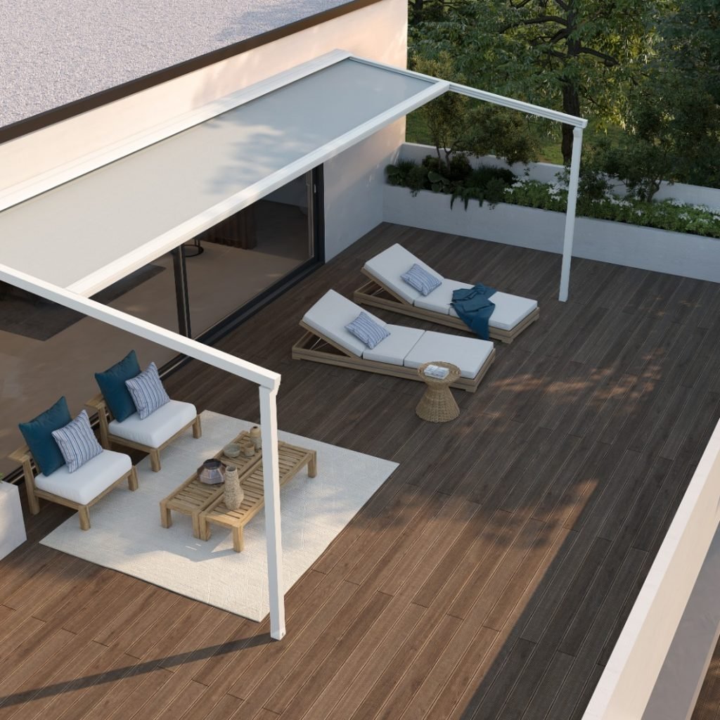 Retractable fabric pergola for outdoor shade and weather protection.