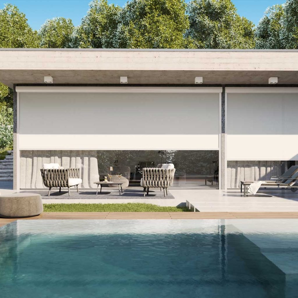 Modern zip blind system for outdoor shading and weather protection