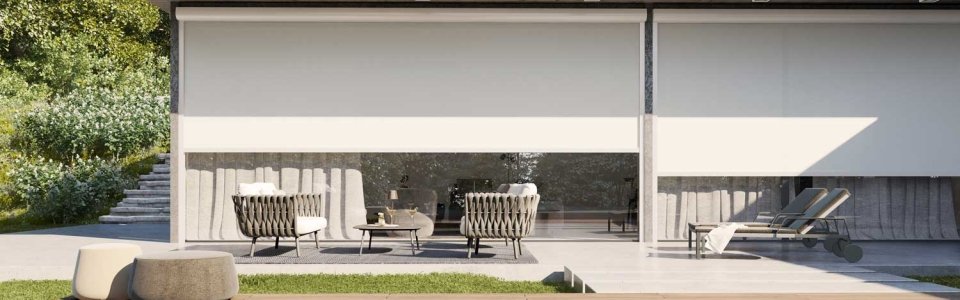 Modern zip blind system for outdoor shading and weather protection
