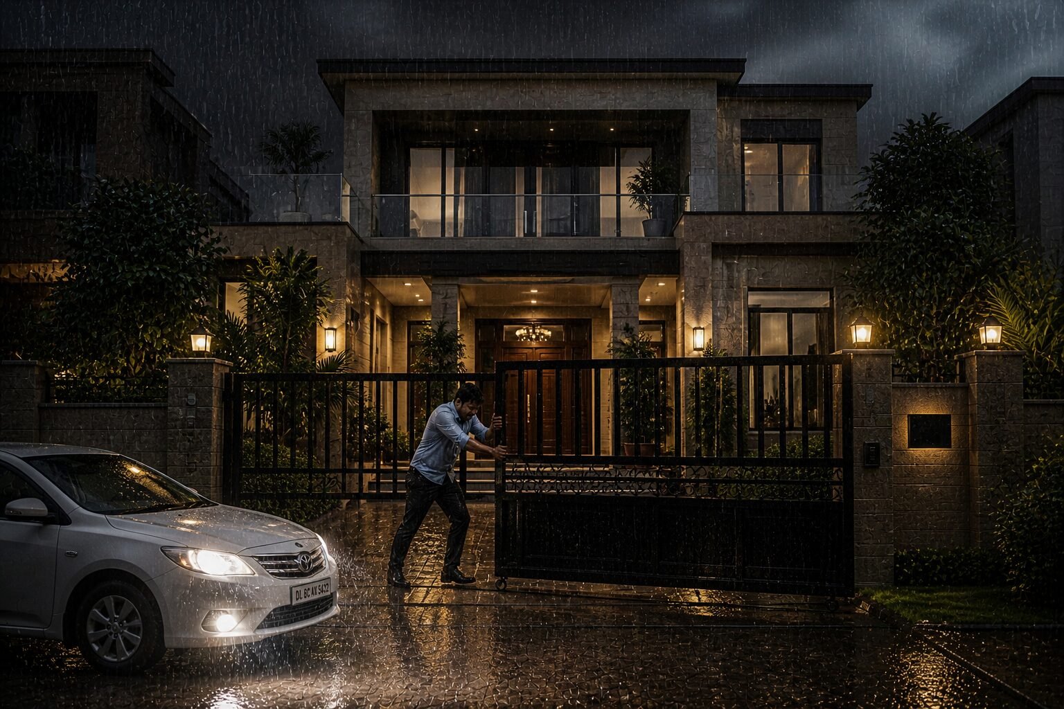 Modern house entrance in Delhi featuring automatic sliding gate at night