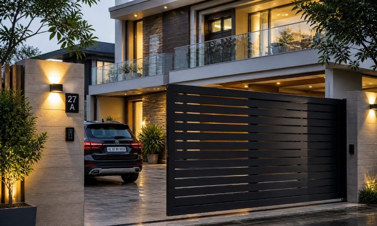 Black metal automatic sliding gate for high security in Delhi residential area