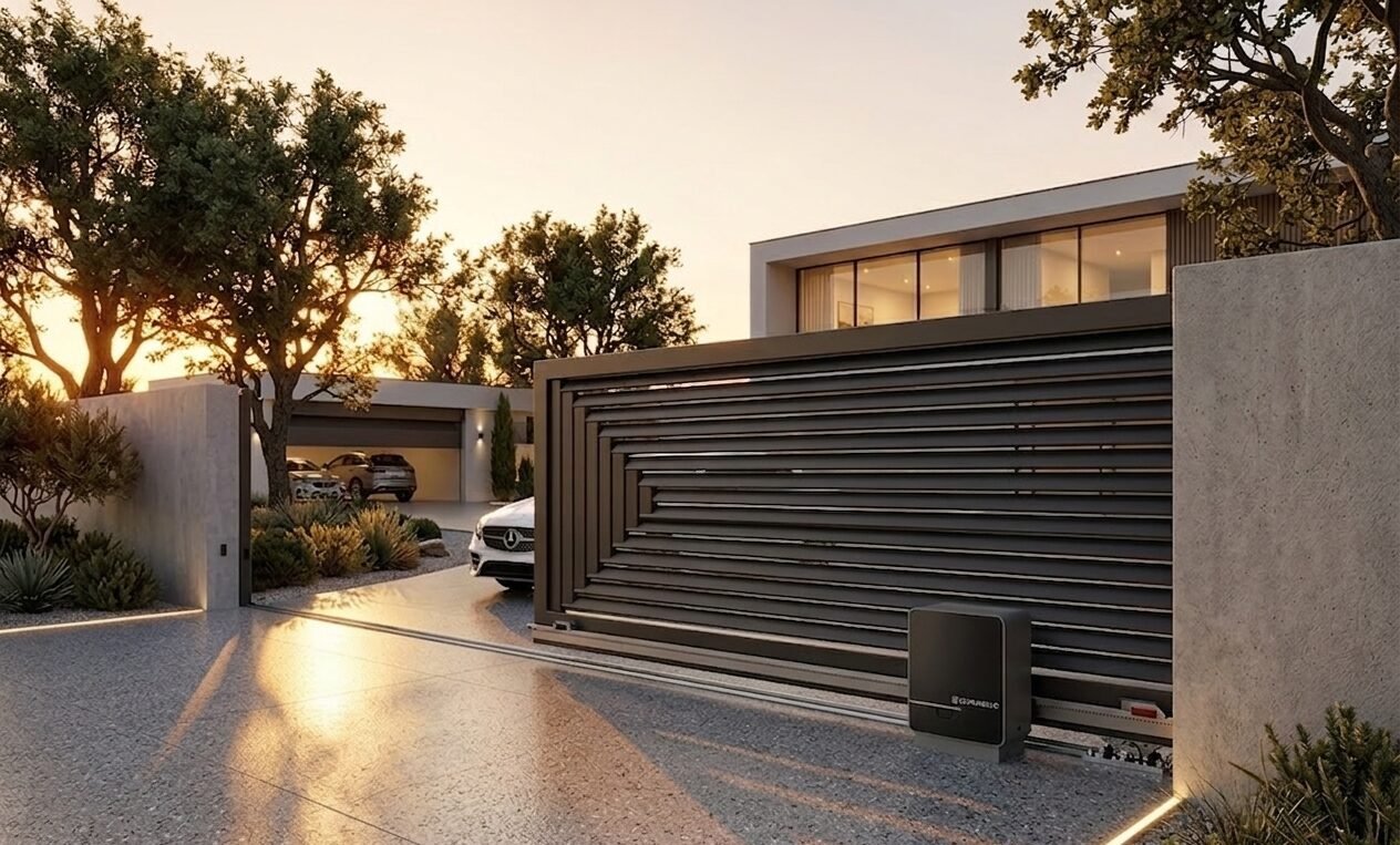 Close-up of a luxury residential automatic sliding gate system