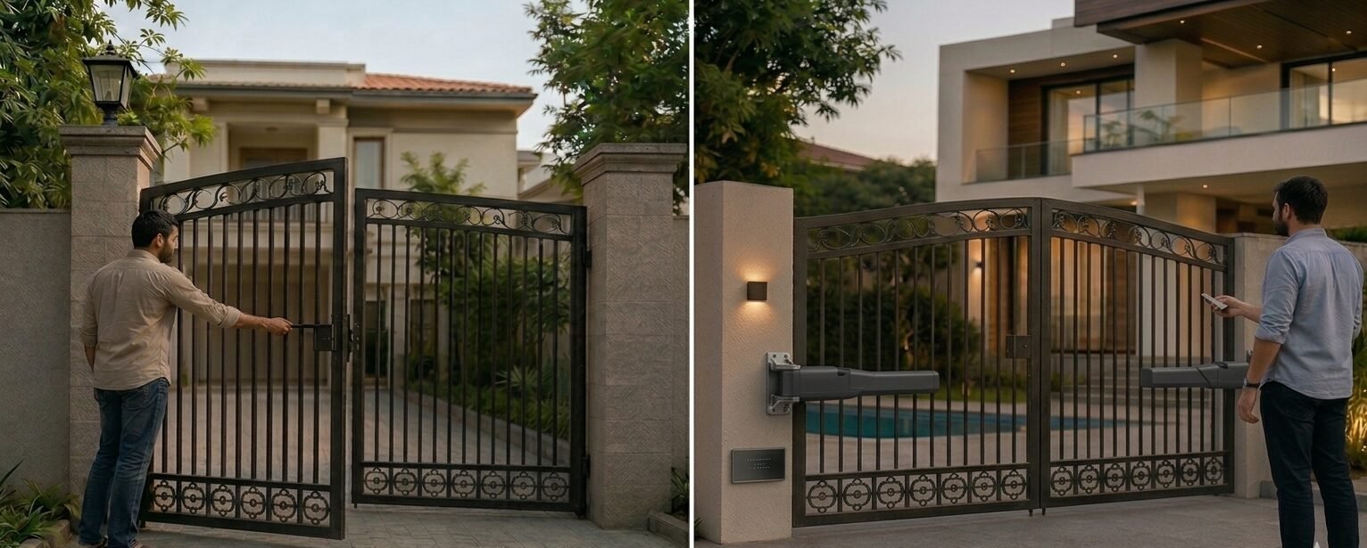 A side-by-side comparison image showing a man manually pushing open a heavy wrought-iron driveway gate on the left, versus a man on the right effortlessly opening a similar automated gate using a small remote control.