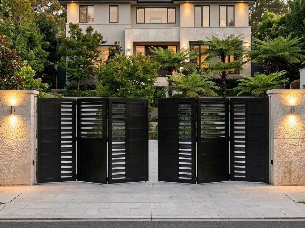 Modern residential property driveway with a black automatic bi-fold gate system installed.